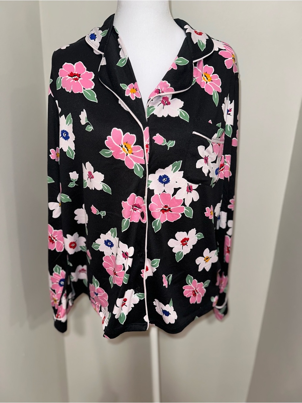 kate spade Pajama Top Button Down Black  Floral Coat Pink, Blue & Green Accents